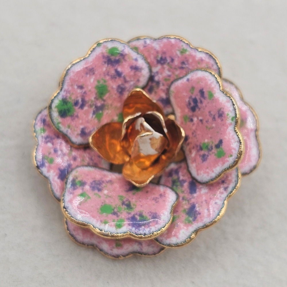 Vintage Enamel Floral Brooch Pink Purple Confetti Rose Gold Tone Layered Pin